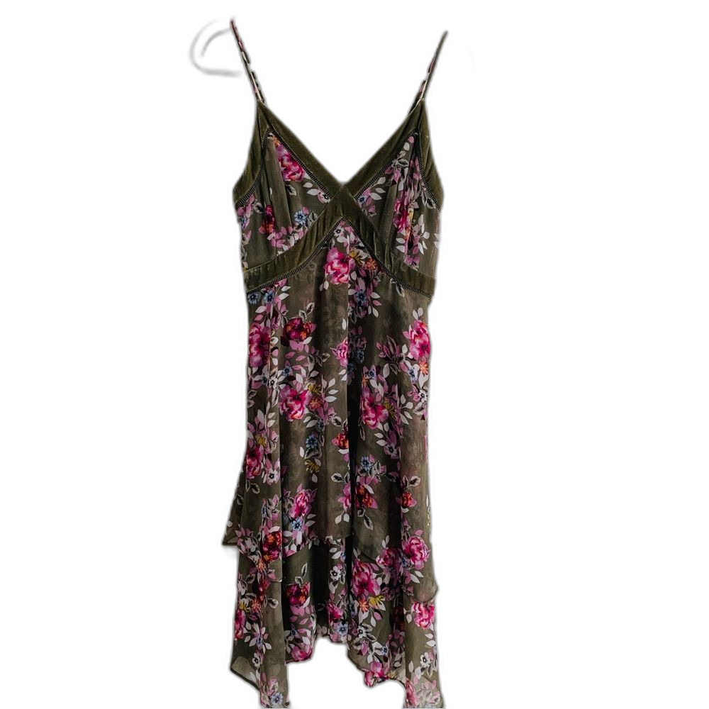 White House Black Market Olive & Pink Floral High-Low Slip Dress